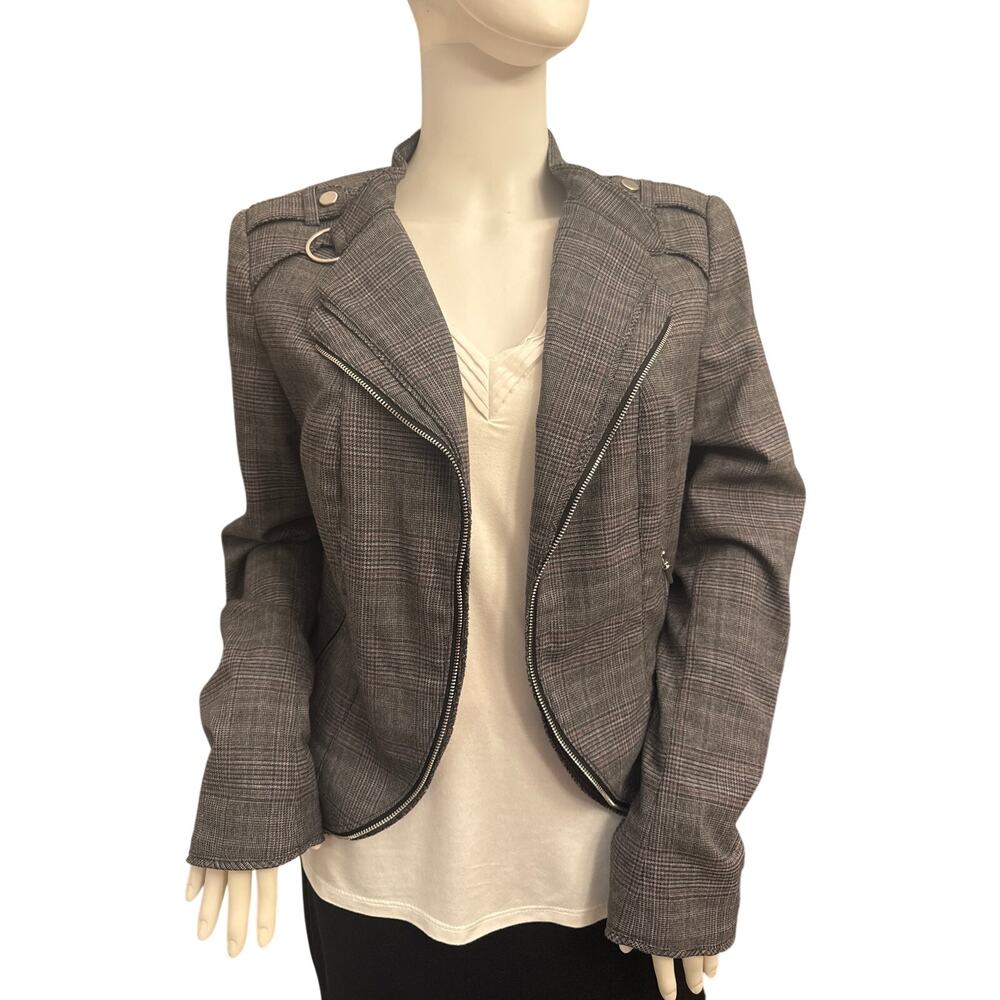 WHBM White House Black Market Gray Plaid Moto Blazer Jacket Size 12 Preppy